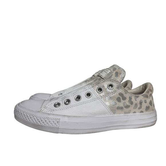 Converse Ctas White Leather Silver Leopard Print Low Top Sneakers Womens 8 - Picture 1 of 10
